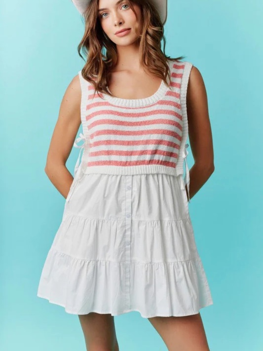 How Very Loved Mixed Media Red/White Striped Knit Top/White Cotton Dress- Large